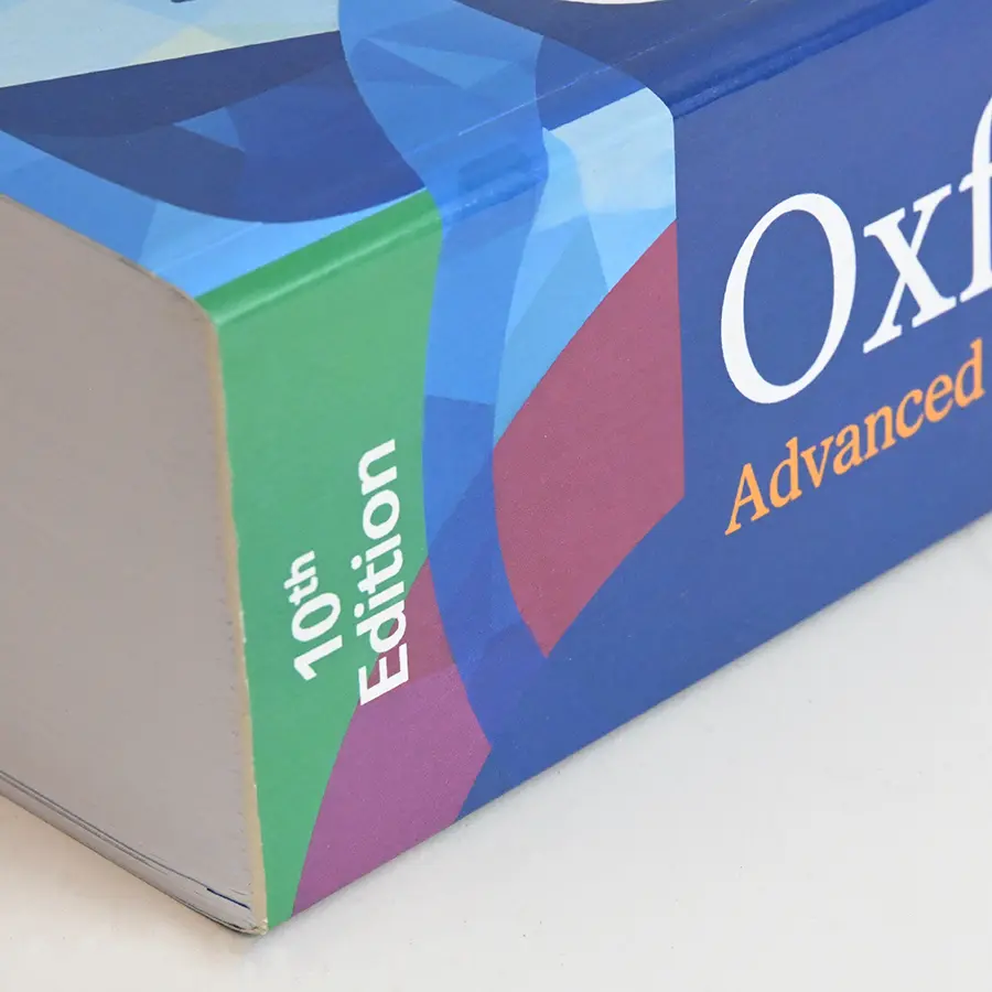 Corner and spine of a thick case-bound book showing board and square back