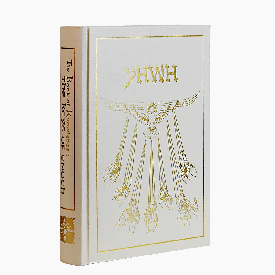 White cloth hardcover with a fine gold foil illustration stamped across the front board